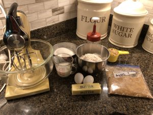 Getting Ready to mix banana cake: mixer and ingredients