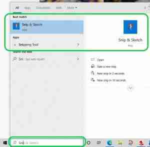 Using Search bar to locate the  Snip & Sketch App