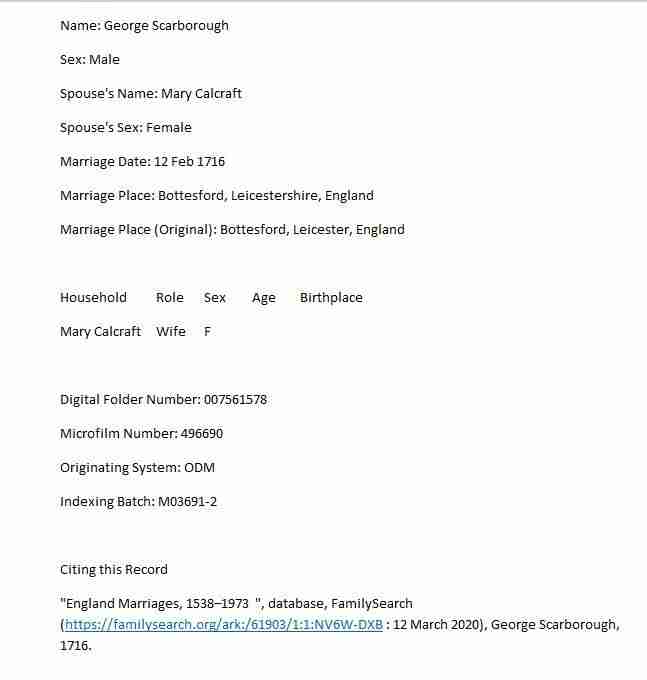 Copy of Full Record of George Scarborough Marriage