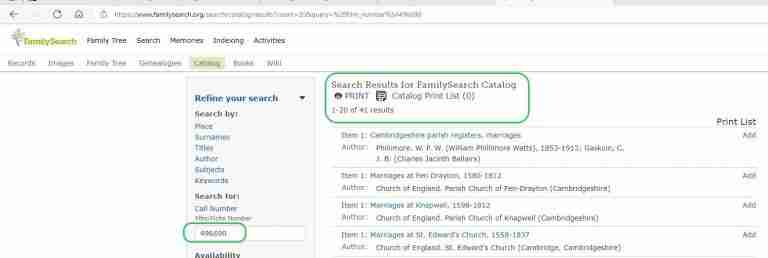 FamilySearch Catalog Listing Results