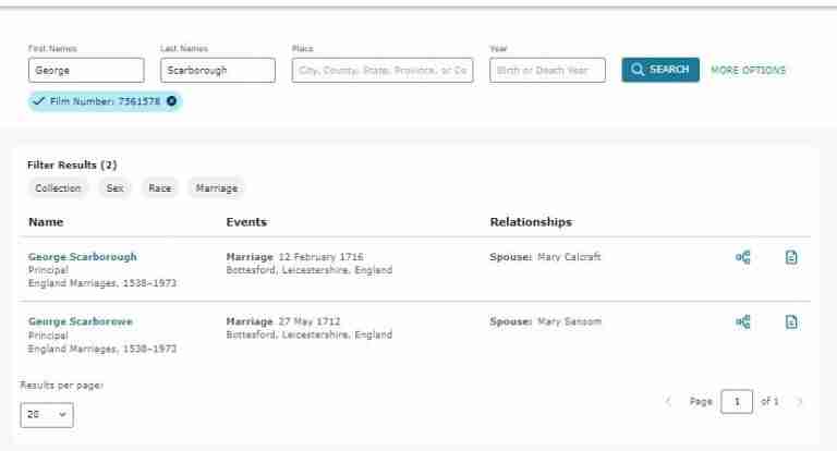 FamilySearch Catalog result showing George Scarborough