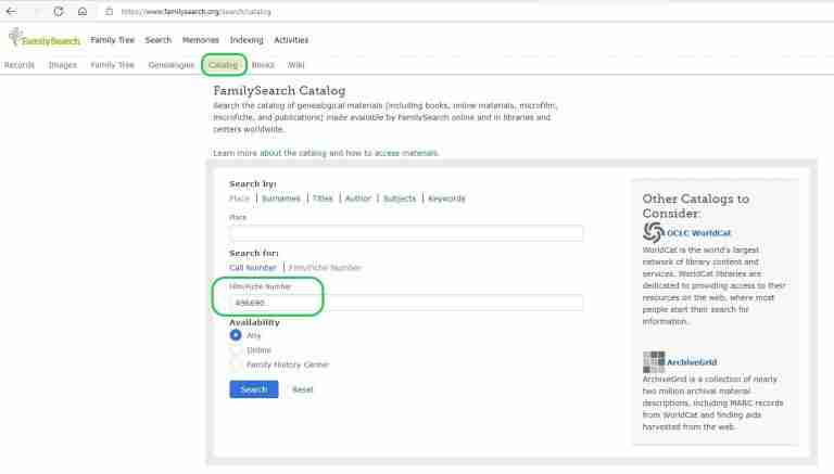 FamilySearch entering film number in the search box