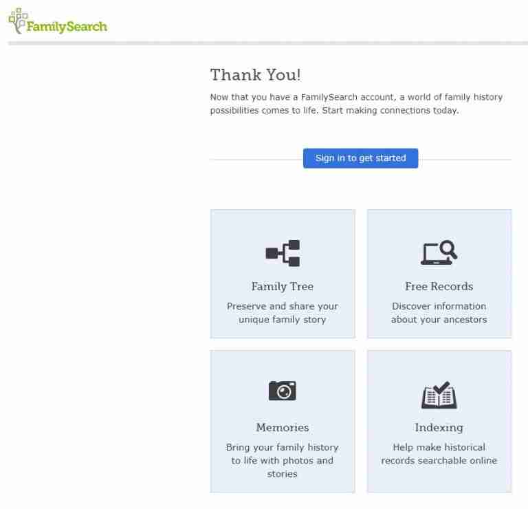 Thank-you sign in to get started family tree search records memories indexes