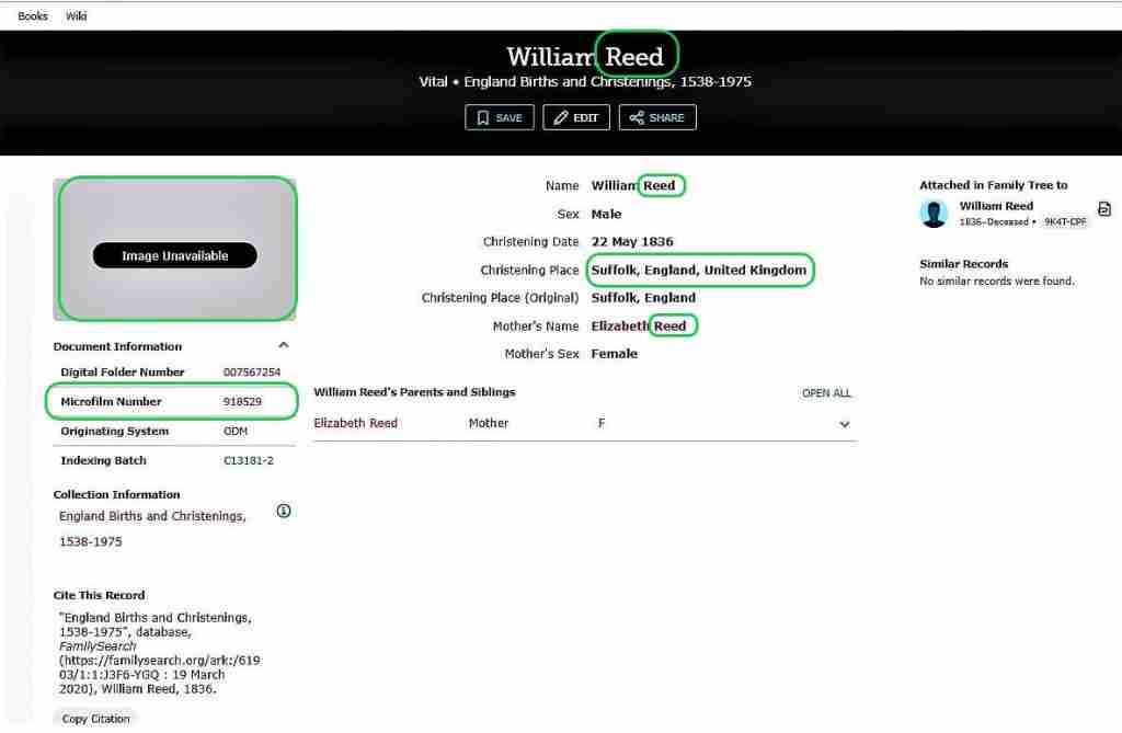 Looking at William Read Baptism Record