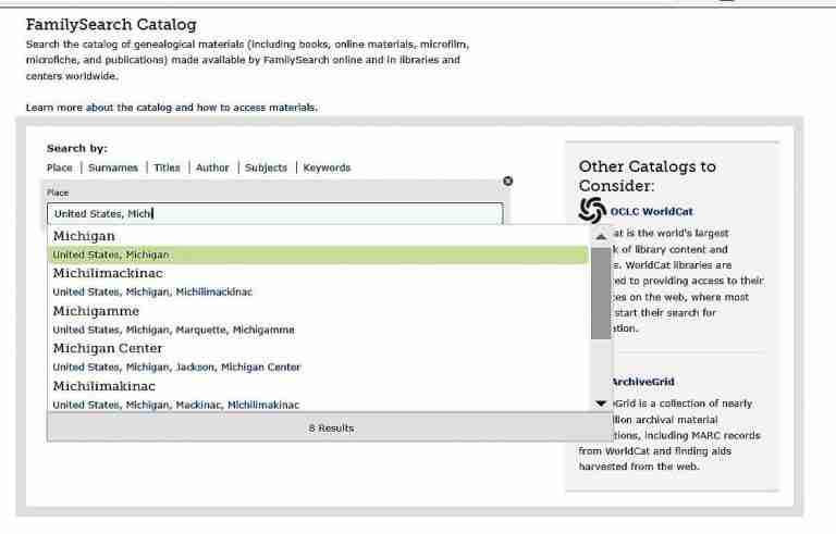 FamilySearch Catalog Search by place populating results for Michigan