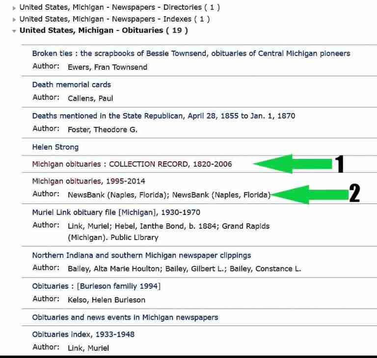 FamilySearch Catalog showing results for obituaries for Michigan
