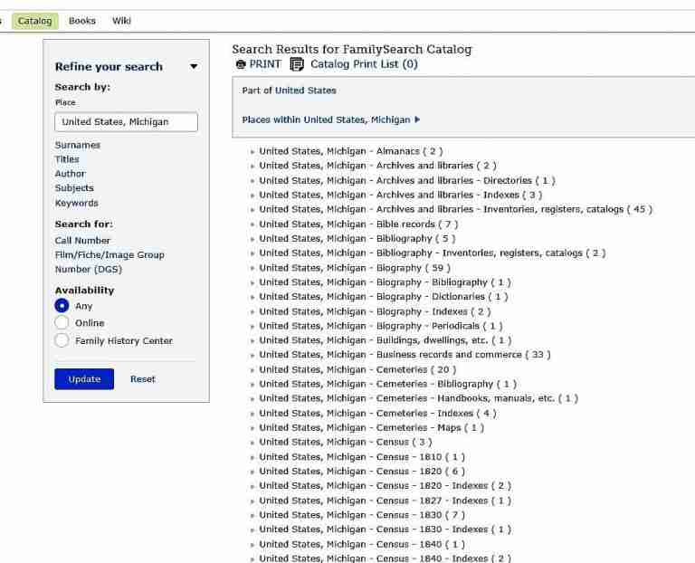 FamilySearch Catalog list results for Michigan