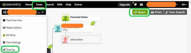 Ancestry Web Tree Showing Sharing icon and button