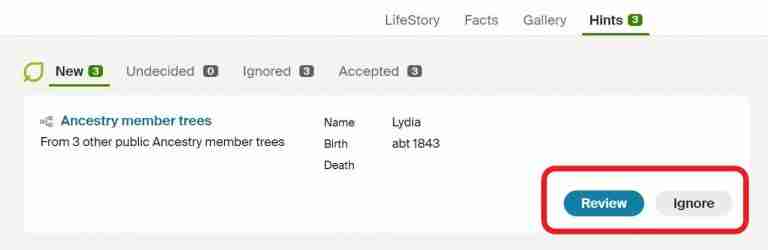 Ancestry Hints for Lydia Review or Ignore