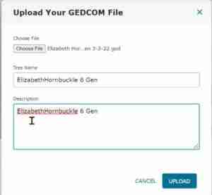 Upload your Gedcom File nameof tree and description