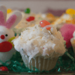 2-bite vanilla mayonnaise cupcakes with 7-minute frosting and coconut with Easter decorations