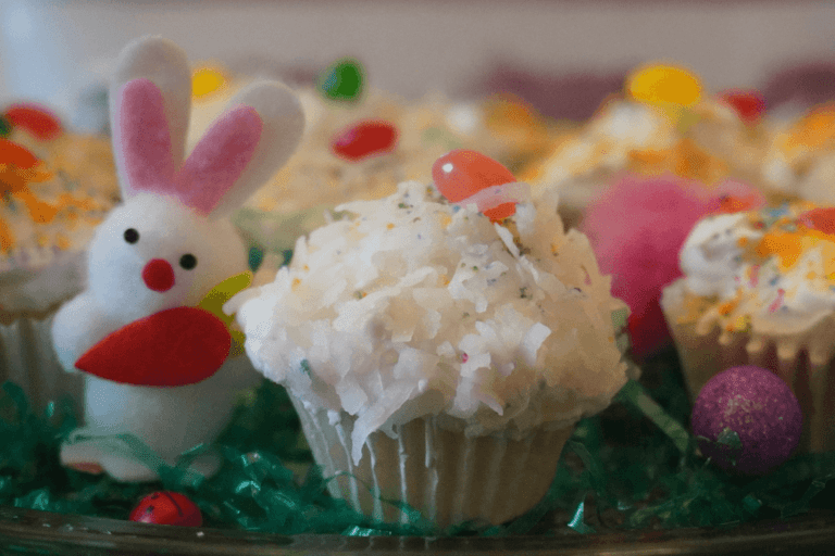 2-bite vanilla mayonnaise cupcakes with 7-minute frosting and coconut with Easter decorations