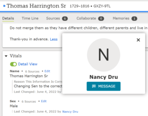 FamilySearch Message System Click Message Button