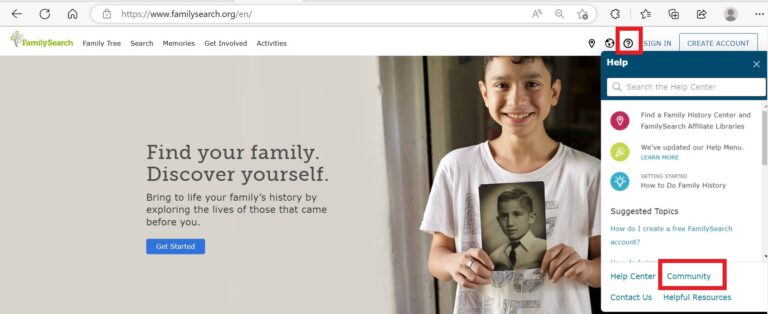 FamilySearch Website with highlight around help and community