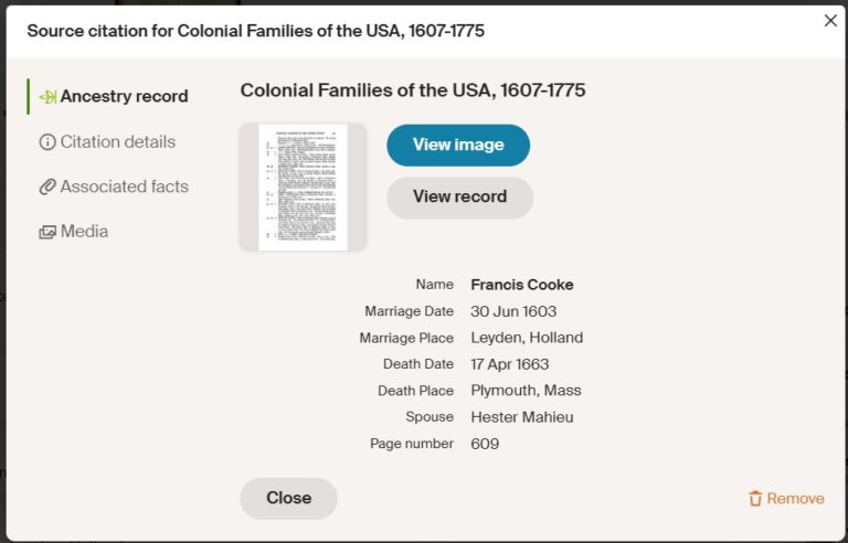 Source citation for Colonial Families of the USA , 1607-1775 Francis Cooke