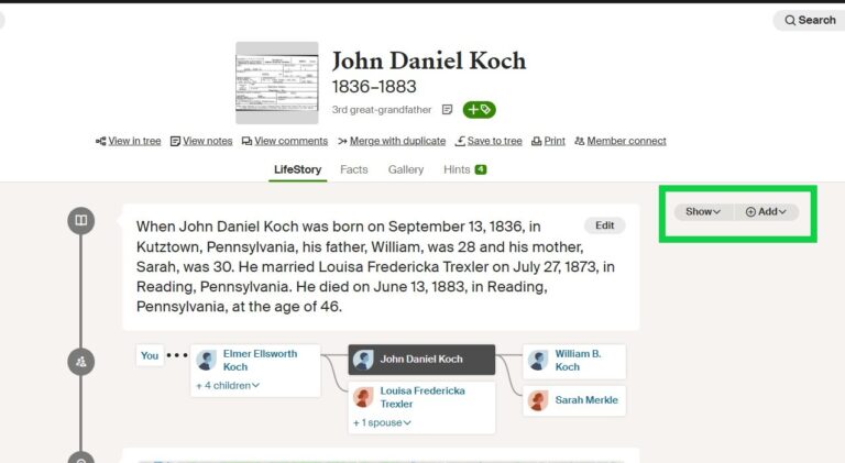 Ancestry LifeStory of John Daniel Koch showing lifestory and tabs to edit lifestory.