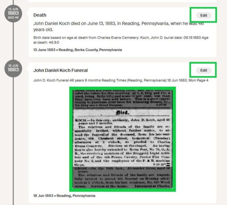 Ancestry LifeStory Showing John Daniel Koch Death