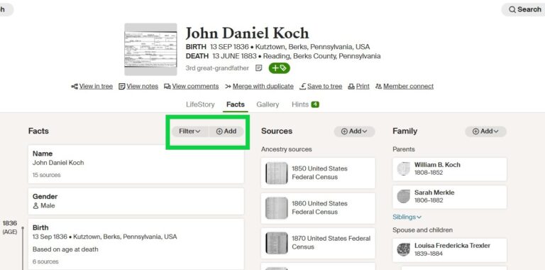 Ancestry Facts about John Daniel Koch. Buttons to add facts or custom events.