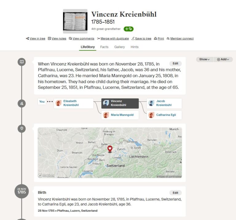 Ancestry LifeStory open to Vincenz Kreienbühl