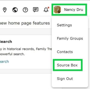 FamilySearch profile clicked and drop-down menu appears with source box..