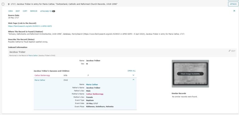 Source box record open to reveal a partial record and a link to the web page.