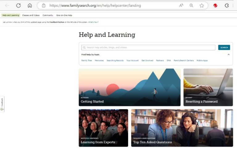 FamilySearch Help and Learning page