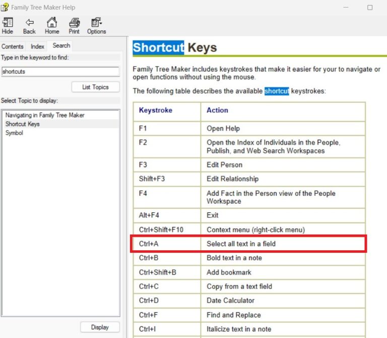 Family Tree Maker Shortcut Keys in Help