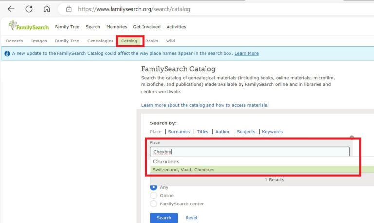 FamilySearch entering information in the catalog search box for place.