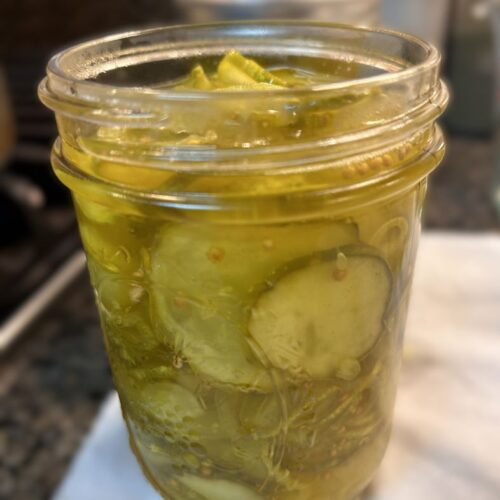 Side view of bread and butter pickles before canning