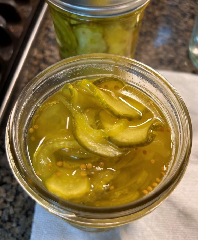 Bread and Butter Pickles from the top of the open jar before canning