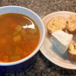 Chicken Vegetable soup with bread and cheese