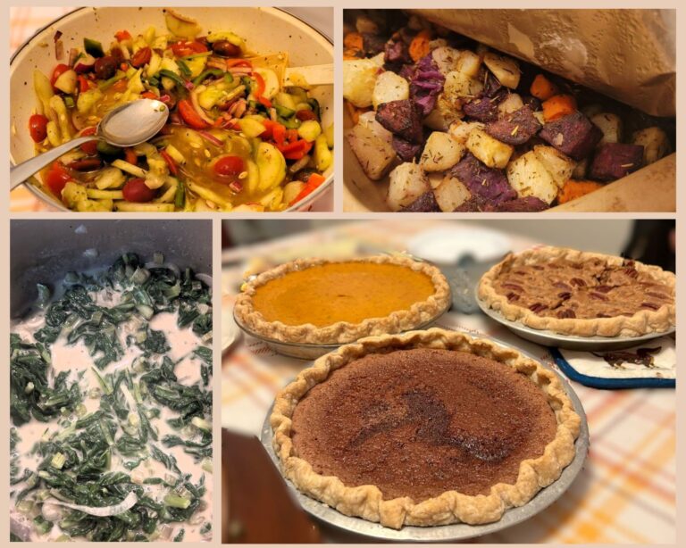 Top left salad, roasted root vegetables, bottom left Swiss chard and pies